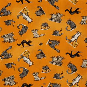 Clothwork Halloween Parade Cats in Orange 0.5m Fabric Length - 040851