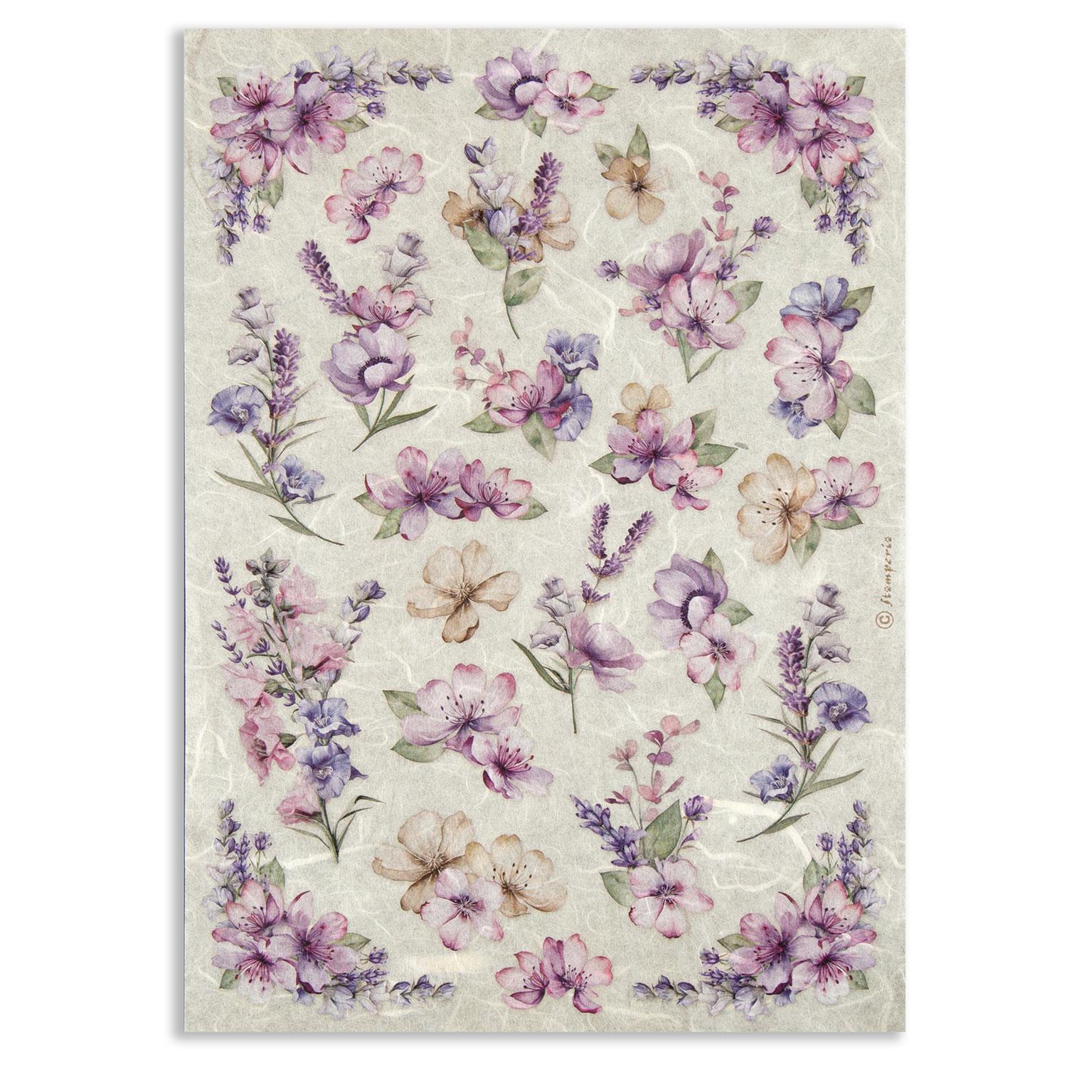 Stamperia 10 x A4 Rice Papers - Choose any 10 - Lavender - Flower Pattern