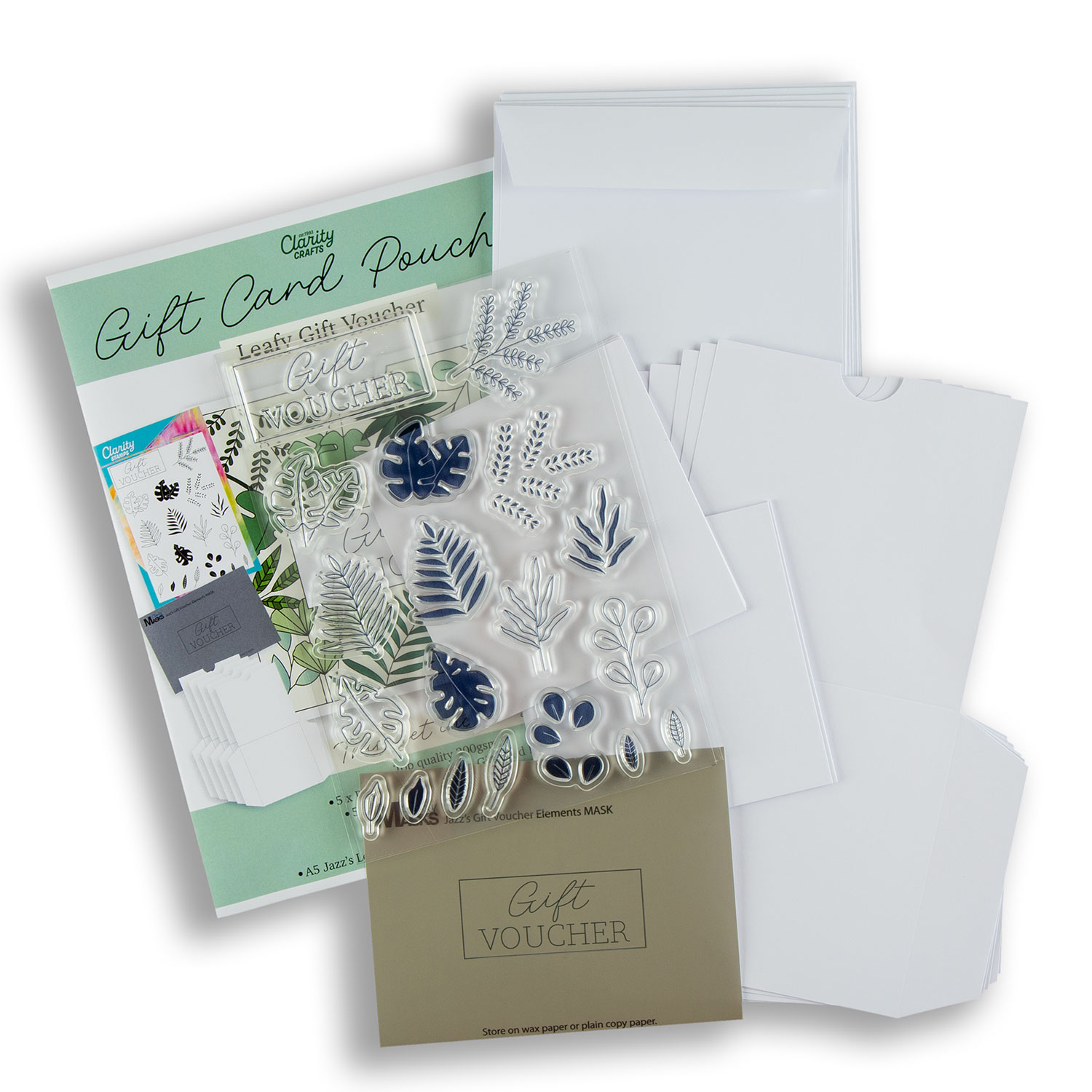 Clarity Crafts Voucher Pouch A5 Stamp & A6 Mask Set with Die Cut Wallets & Envelopes Pick-n-Mix - Choose 2 - Jazz's Leafy Gift Voucher Elements 