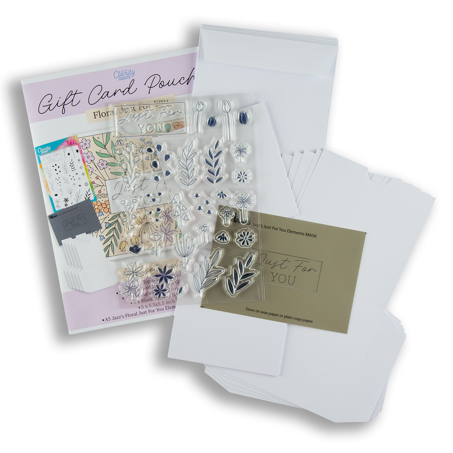 Clarity Crafts Voucher Pouch A5 Stamp & A6 Mask Set with Die Cut Wallets & Envelopes Pick-n-Mix - Choose 2 - Jazz's Just for You Elements