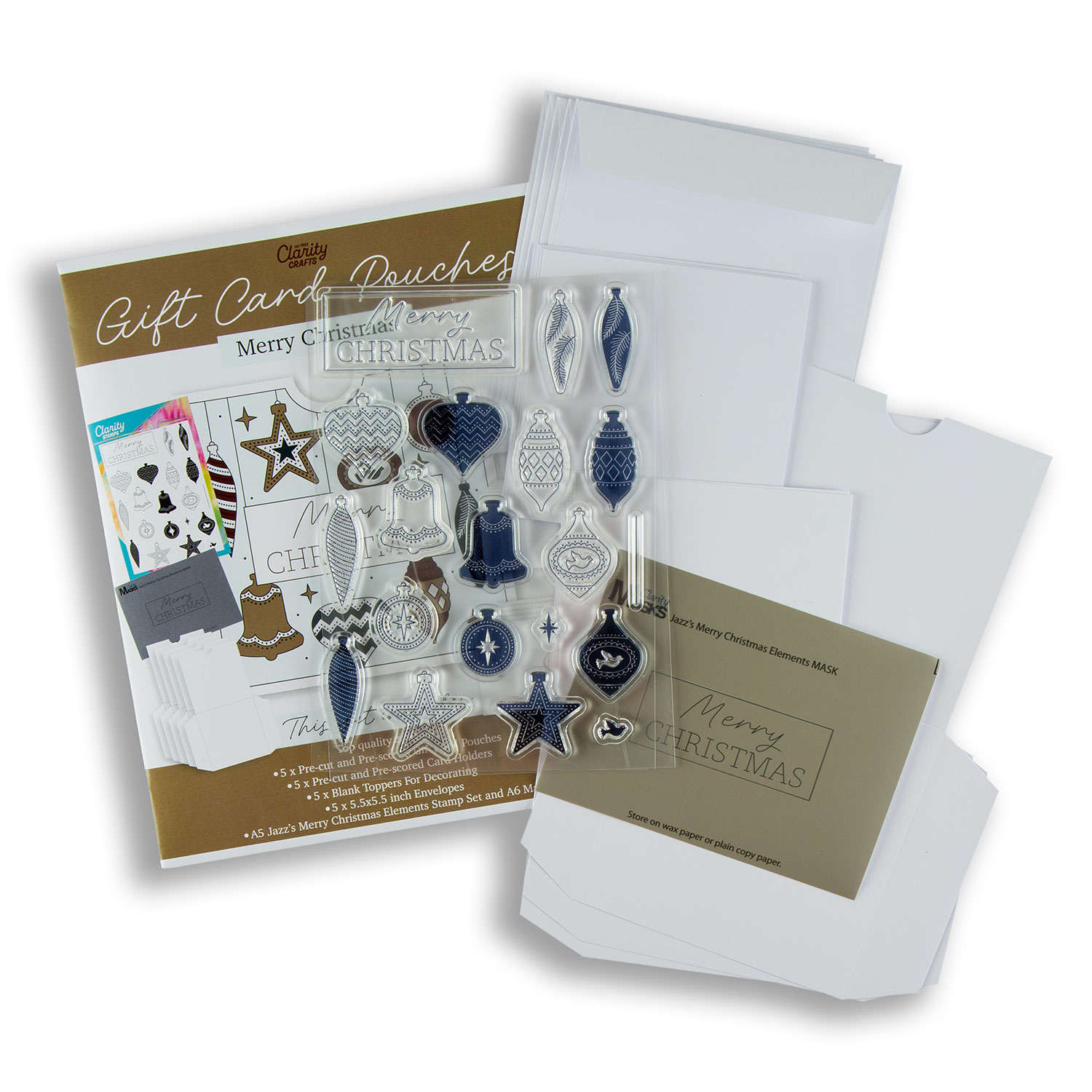 Clarity Crafts Voucher Pouch A5 Stamp & A6 Mask Set with Die Cut Wallets & Envelopes Pick-n-Mix - Choose 2 - Jazz's Merry Christmas Elements