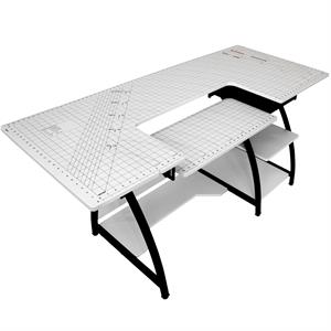 Sewing Online Large Sewing Table with Gridded White Top and Black Legs - 234364