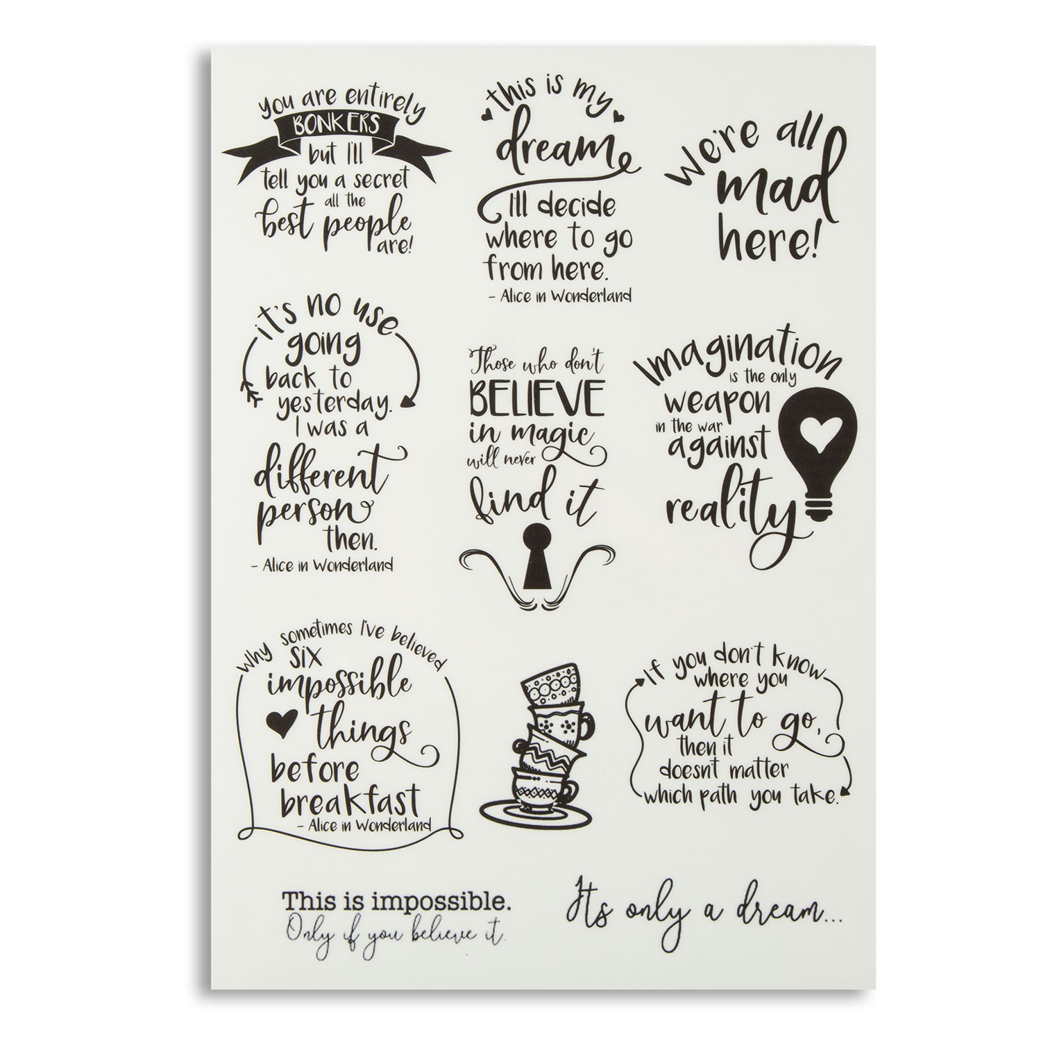 Emlems A4 Transparent Sticker Sheets - Pick n Mix - Choose 4  - Wonderland Quotes 6