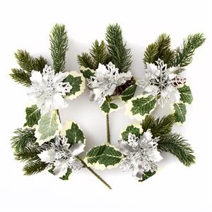 Dawn Bibby Silver Spruce & Poinsettia Pick - Set of 12 - 303559