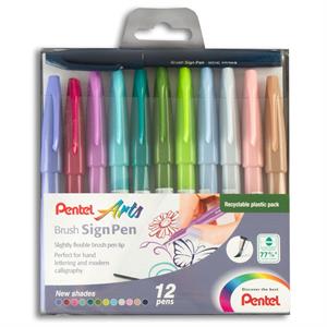 Pentel 12 x Brush Sign Pen Wallet - New Shades - 326804