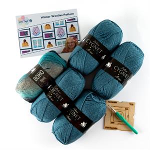 Sarah Payne Crochets Denim Winter Woolies Kit - Includes: Pattern, 5 Balls of Yarn, Pom Pom Maker & 5.5mm Crochet Hook - 607551