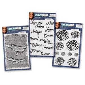COOSA Crafts A6 Stamp Love My Jeans Trio - Ripped Jeans,  Large Notes & Rose Patch - 803864